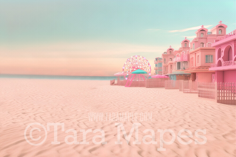 Doll Beach Digital Backdrop - Beach with Mansions - Turquoise Ocean Beach Digital Background