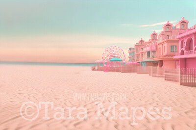 Doll Beach Digital Backdrop -  Beach with Mansions - Turquoise Ocean Beach Digital Background