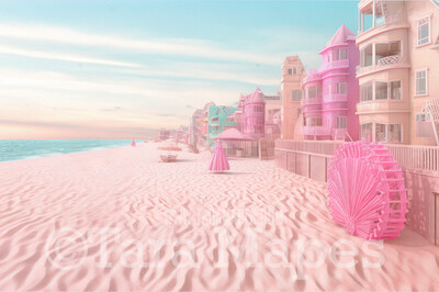 Doll Beach Digital Backdrop -  Beach with  Mansions - Turquoise Ocean Beach Digital Background