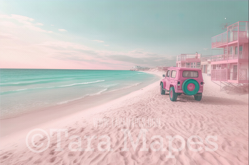 Doll Beach with Pink SUV Digital Backdrop -  Beach with Mansions - Turquoise Ocean Beach Digital Background