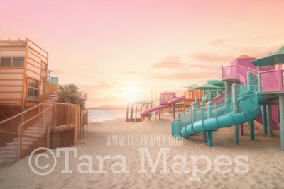 Doll Beach Water Park Digital Backdrop -  Beach with Waterslides Digital Background