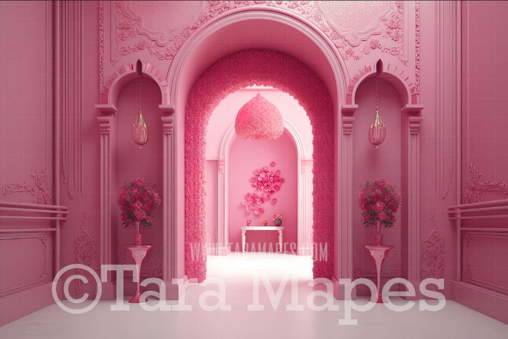 Pink Doll House Entrance Digital Backdrop - Pink Dollhouse Door Digital Background