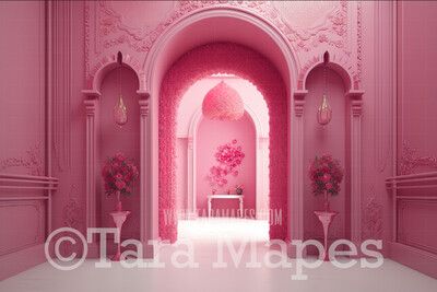 Pink Doll House Entrance Digital Backdrop - Pink Dollhouse Door Digital Background