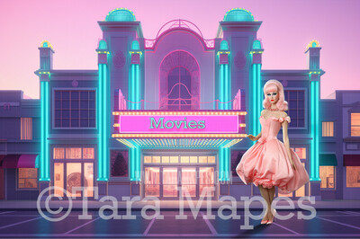 Pink and Blue Movie Theater Digital Backdrop - Pink Dollhouse Theater Digital Background