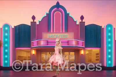 Pink and Blue Movie Theater Digital Backdrop - Pink Dollhouse Theater Digital Background