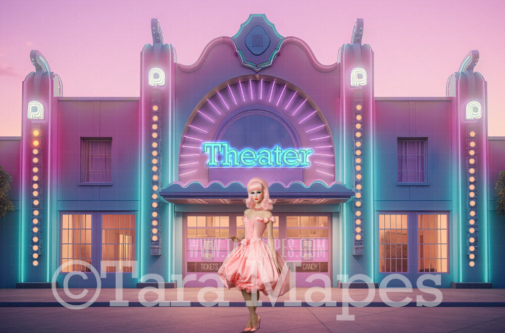 Pink and Blue Movie Theater Digital Backdrop - Pink Dollhouse Theater Digital Background