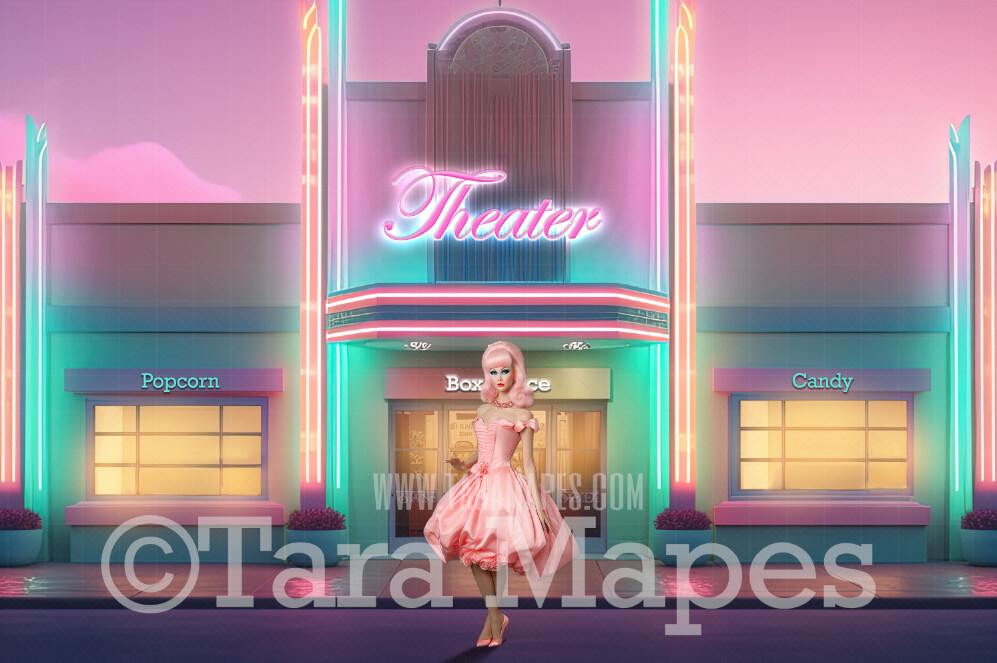 Pink and Blue Movie Theater Digital Backdrop - Pink Dollhouse Theater Digital Background