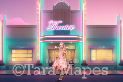 Pink and Blue Movie Theater Digital Backdrop - Pink Dollhouse Theater Digital Background