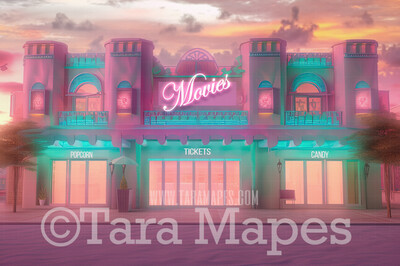 Pink and Aqua Movie Theater Digital Backdrop - Pink Dollhouse Theater Digital Background