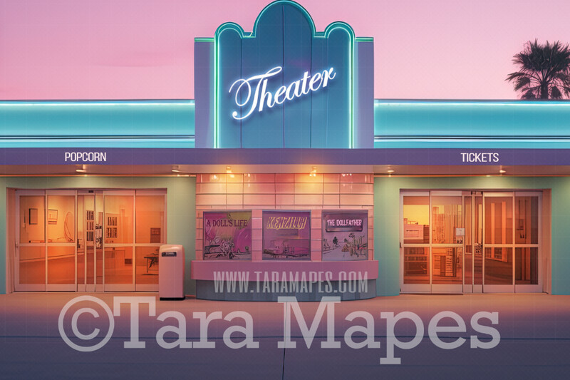 Pink and Aqua Movie Theater Digital Backdrop - Pink Dollhouse Theater Digital Background