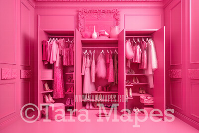 Pink Doll House Closet of Dresses Digital Backdrop - Pink Dollhouse Wardrobe Digital Background