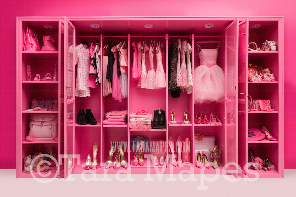 Pink Doll House Closet of Dresses Digital Backdrop - Pink Dollhouse Wardrobe Digital Background