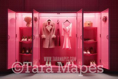 Pink Doll House Closet of Dresses Digital Backdrop - Pink Dollhouse Wardrobe Digital Background
