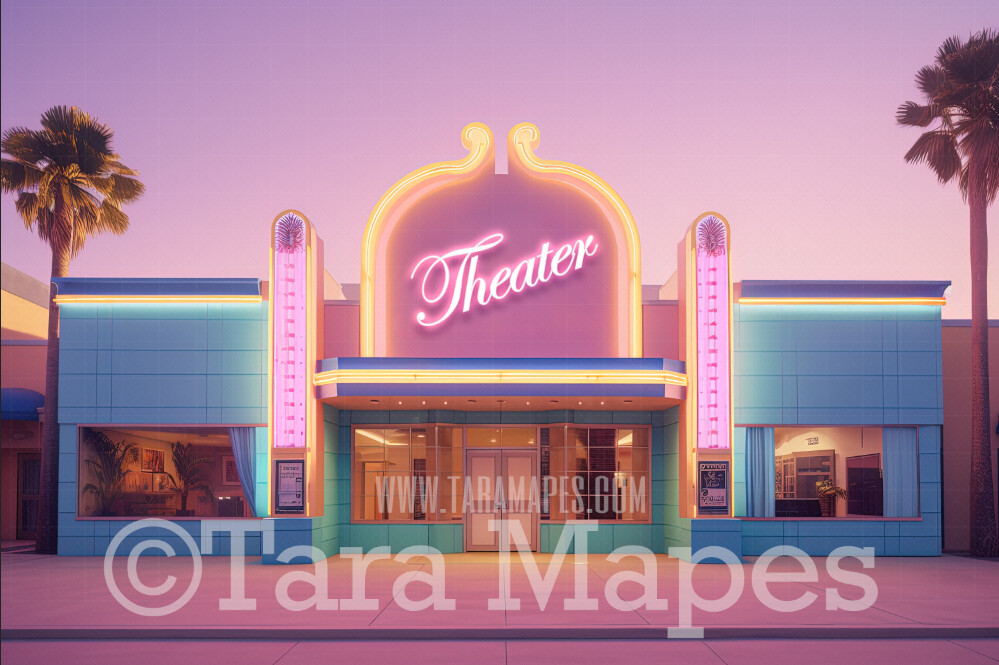 Pink and Aqua Movie Theater Digital Backdrop - Pink Dollhouse Theater Digital Background