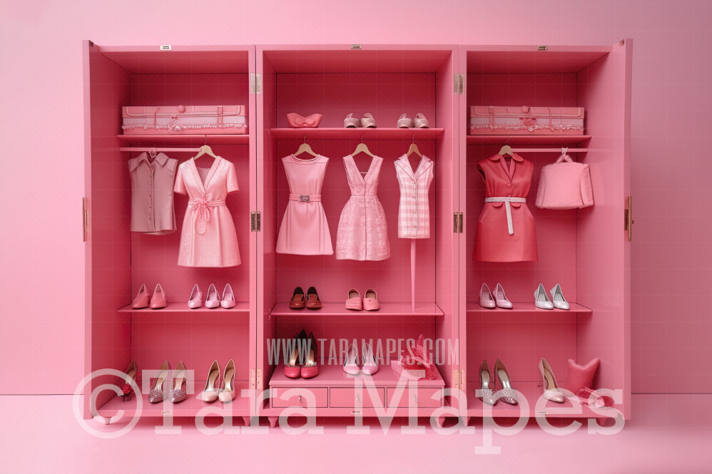 Pink Doll House Closet of Dresses Digital Backdrop - Pink Dollhouse Wardrobe Digital Background