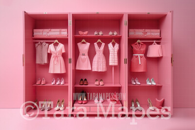 Pink Doll House Closet of Dresses Digital Backdrop - Pink Dollhouse Wardrobe Digital Background