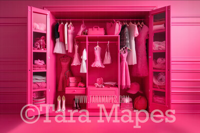 Pink Doll House Closet of Dresses Digital Backdrop - Pink Dollhouse Wardrobe Digital Background