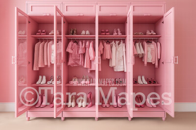 Pink Doll House Closet of Dresses Digital Backdrop - Pink Dollhouse Wardrobe Digital Background
