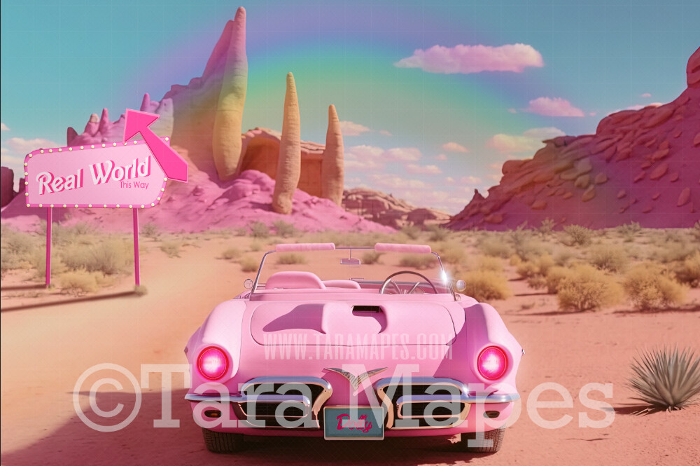 Pink Doll Car Digital Backdrop - Pink Toy Car in Desert - Doll Sports Car Digital Background