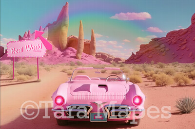 Pink Doll Car Digital Backdrop -  Pink Toy Car in Desert - Doll Sports Car Digital Background