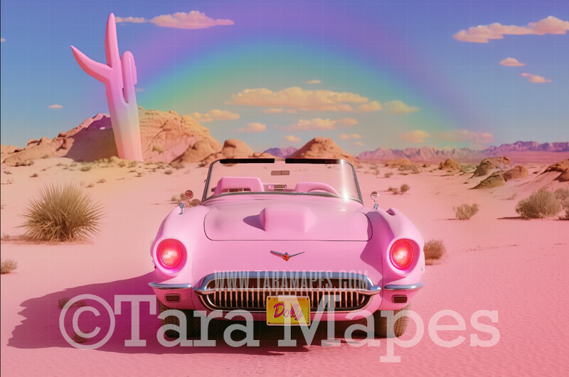 Pink Doll Car Digital Backdrop -  Pink Toy Car in Desert - Doll Sports Car Digital Background