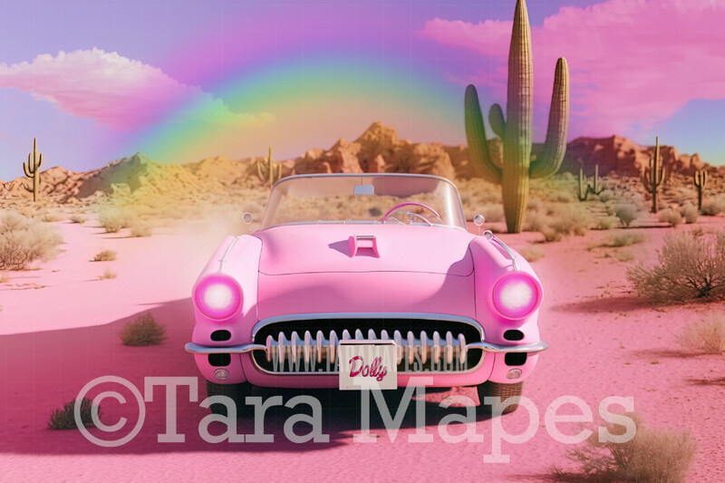 Pink Doll Car Digital Backdrop -  Pink Toy Car in Desert - Doll Sports Car Digital Background