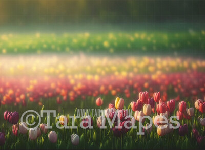 Painterly Field of Tulips Digital Backdrop -  Misty Tulips in Forest Digital Background JPG