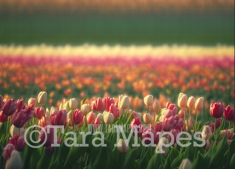 Painterly Field of Tulips Digital Backdrop -  Misty Tulips in Forest Digital Background JPG