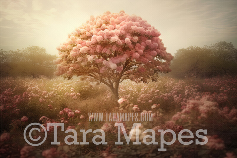 Pink Flower Tree Digital Backdrop -  Pink Snowball Tree - Flower Ball Tree Digital Background JPG