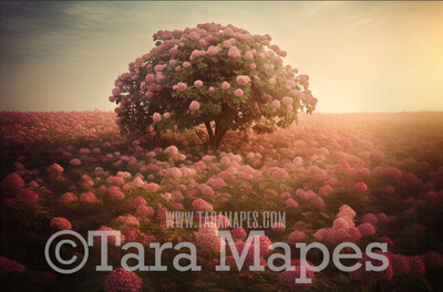 Pink Flower Tree Digital Backdrop -  Pink Snowball Tree - Flower Ball Tree Digital Background JPG