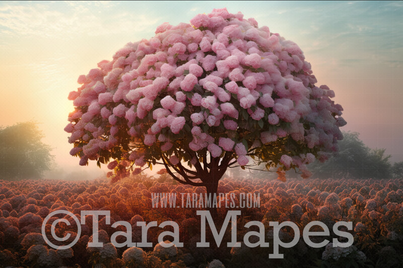 Pink Flower Tree Digital Backdrop -  Pink Snowball Tree - Flower Ball Tree Digital Background JPG