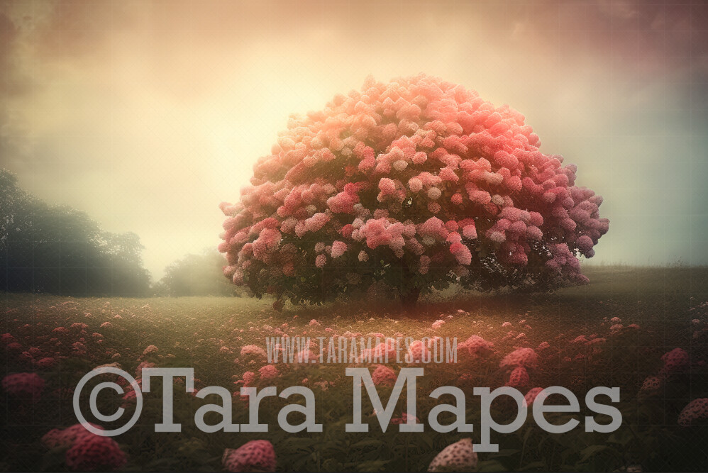 Pink Flower Tree Digital Backdrop -  Pink Snowball Tree - Flower Ball Tree Digital Background JPG