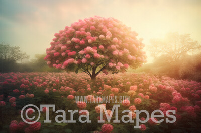 Pink Flower Tree Digital Backdrop -  Pink Snowball Tree - Flower Ball Tree Digital Background JPG