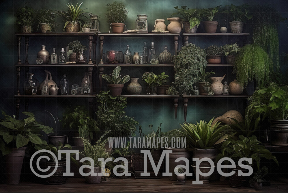 Wizard Greenhouse Shelves Digital Backdrop - Shelves with Mandrake Plants -  Wizard Digital Background