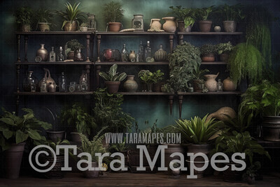 Wizard Greenhouse Shelves Digital Backdrop - Shelves with Mandrake Plants -  Wizard Digital Background