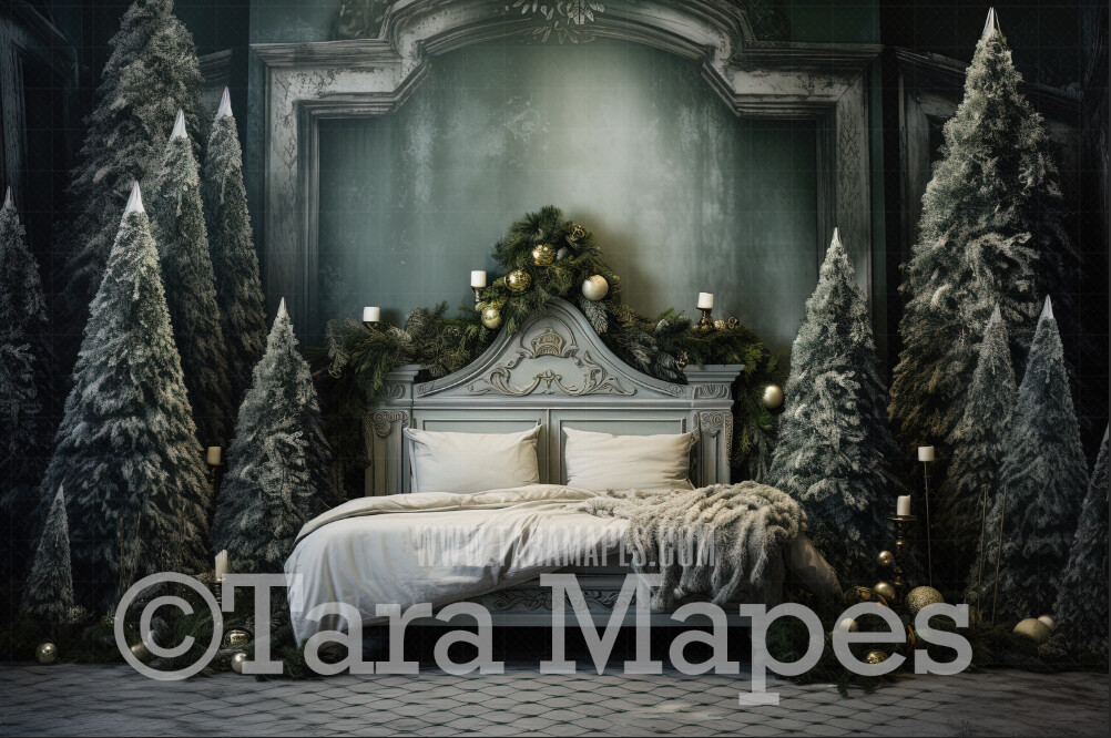 Christmas Bedroom Digital Backdrop - Christmas Bed Digital Background JPG