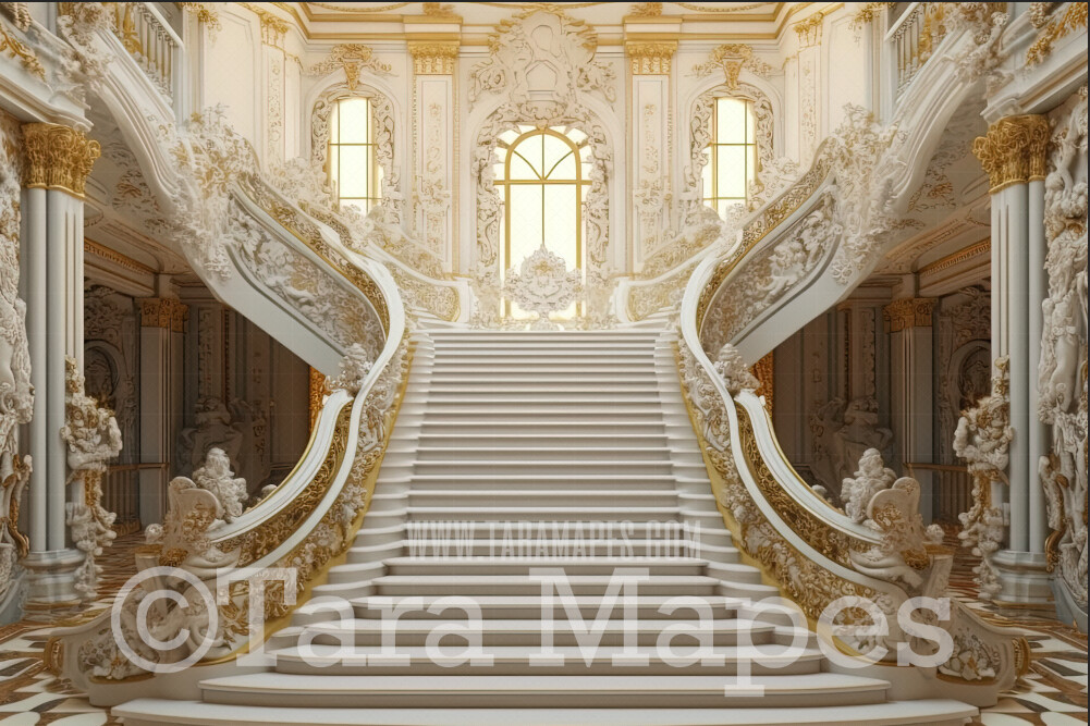 White Palace Stairs Digital Backdrop - Ornate Castle Staircase - Fairytale Valentine Wedding Digital Background JPG