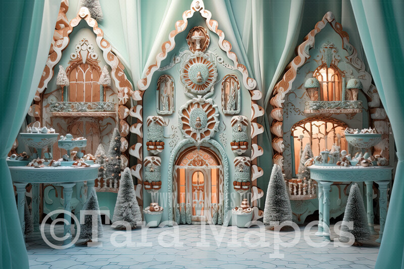 Teal Gingerbread House Room Digital Backdrop - Sweet House Christmas Digital Background