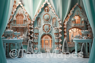 Teal Gingerbread House Room Digital Backdrop -  Sweet House Christmas Digital Background