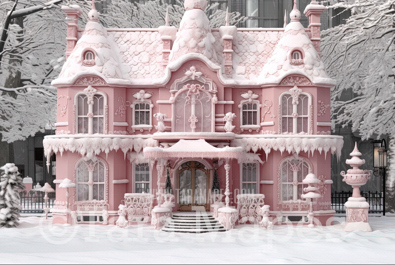 Pink Candy House Digital Backdrop - Sweet House Christmas Digital Background
