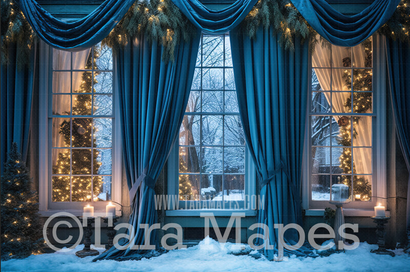 Blue Christmas Window Digital Background JPG