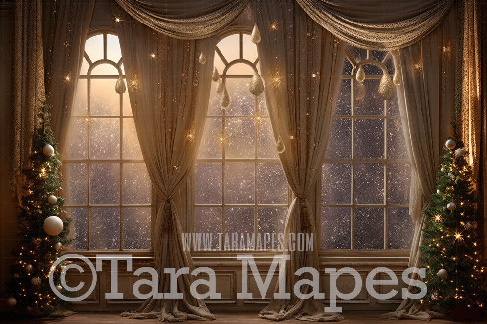 Golden Christmas Window with Glowing Lights and Ornaments - Christmas Window Digital Background JPG
