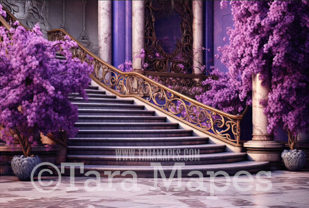 Fantasy Stairs Digital Backdrop - Castle Staircase with Cascading Flowers  - Flower Stairs -  Floral Stairs - Fairytale Valentine Digital Background JPG
