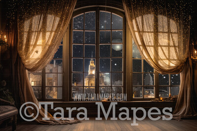 Golden Christmas Window Overlooking City - Christmas Window Digital Background JPG