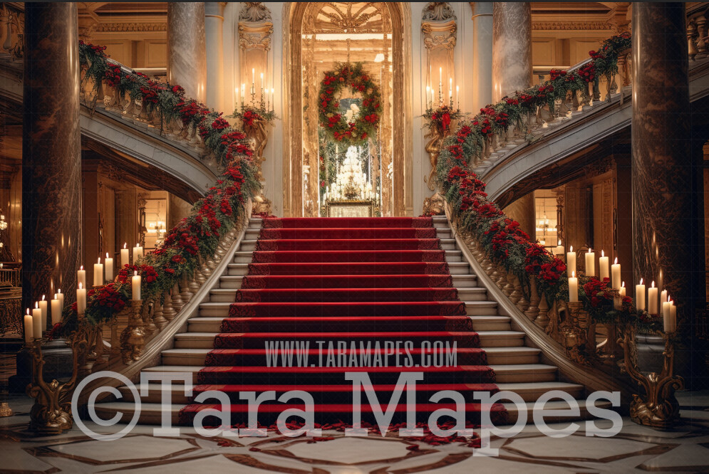 Christmas Stairs Digital Backdrop - Castle Staircase with Cascading Flowers - Flower Stairs - Floral Stairs - Christmas Digital Background
