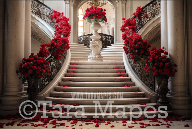 Fantasy Stairs Digital Backdrop - Castle Staircase with Cascading Roses - Flower Stairs -  Floral Stairs - Fairytale Valentine Digital Background JPG