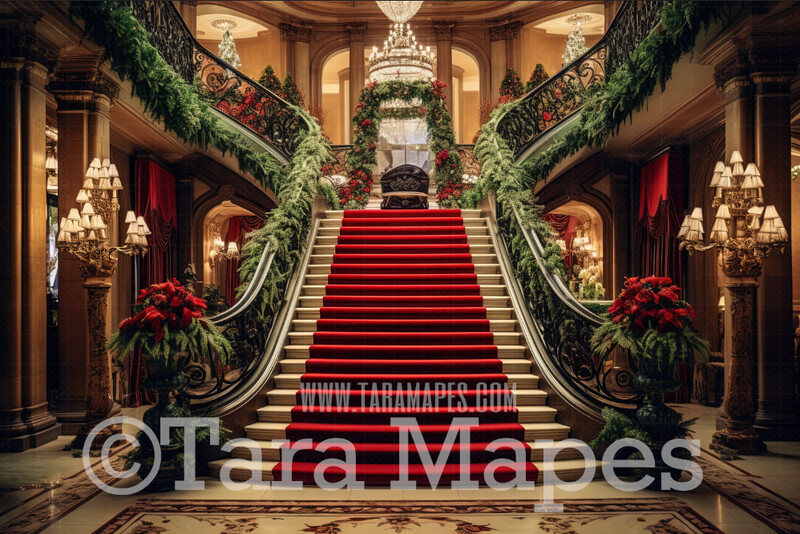 Christmas Stairs Digital Backdrop - Castle Staircase with Cascading Flowers  - Flower Stairs -  Floral Stairs - Christmas Digital Background