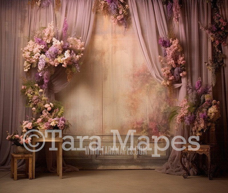 Victorian Studio Room Digital Backdrop - Ornate Victorian Flowers and Drapes Room - Flower Room Digital Background JPG