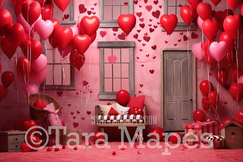 Valentine Studio Digital Backdrop -  Red and Pink Studio with Heart Balloons  Vday Digital Background JPG