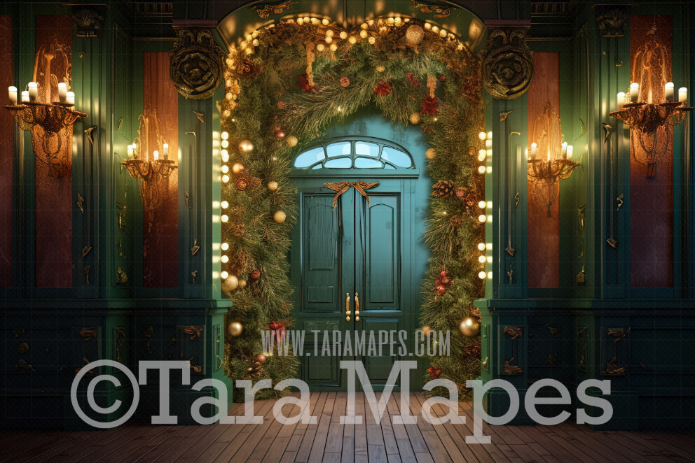 Ornate Green Christmas Door Digital Backdrop - Christmas Digital Background JPG